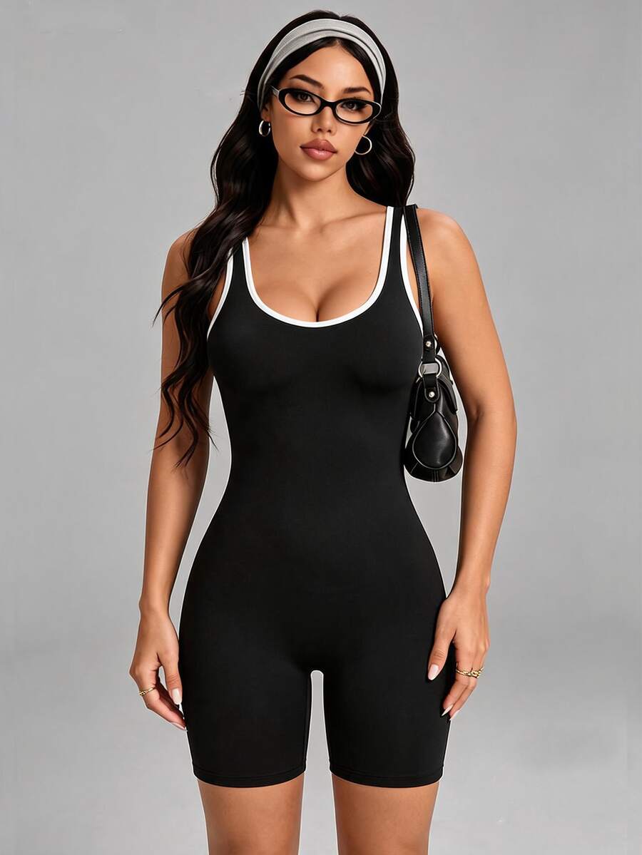 Dewbera Dewbera With My Calm Contrast Trim Sleeveless Sports Jumpsuit Women Tight Yoga Unitard - Black - View 1