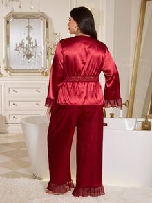 MuseNap CURVE Burgundy Lace Deep V Neckline Waist Lace Hollow Out Long Sleeve Long Pants Mesh Design Plus Size Women's Loungewear Set - Burgundy - View 3