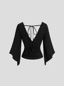 SHEIN Unity Casual Versatile Deep V-Neck Bell Sleeve Black Long Sleeve Women's T-Shirt - Black - View 2