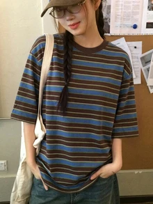 DAZY 夏季休閒條紋落肩寬鬆版型T恤 - 棕色 - 查看 2