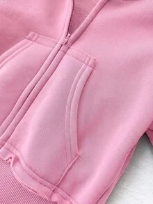 青少年女孩粉色拉鍊連帽外套與運動長褲休閒套裝 - 粉色 - 查看 5
