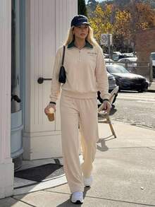 DAZY Women's Letter Print Zipper Design Long Sleeve Top And Pants Pajama Set Fall - Khaki - View 6