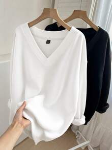 Comfylo Black & White 2pcs Set Plus Size V-Neck Loose Sweatshirt, Suitable For Autumn/Winter - Multicolor - View 8