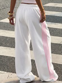 SHEIN 青少年女孩休閒時尚白色針織寬腿休閒長褲 - 白色 - 查看 2
