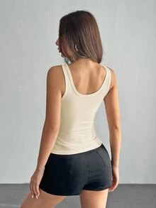 SHEIN PETITE 休閒百搭白色深U領工字背心上衣 - 杏色 - 查看 2