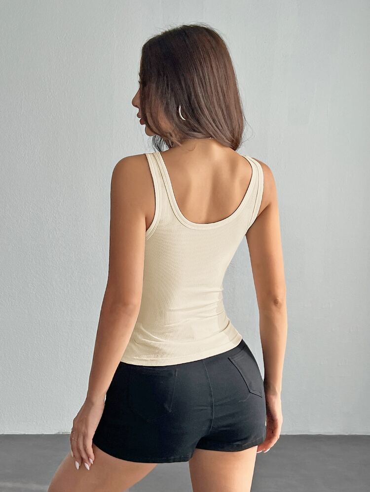 SHEIN PETITE Casual All-Match White Cami Top With Deep U-Neck And Racerback - Apricot - View 2