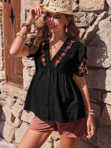 Boho Mama Maternity V-Neck Floral Embroidered Pleated Casual Versatile Blouse - Black - View 8
