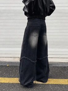 STEELVANCE 男士寬鬆版寬腿休閒牛仔褲，毛邊褲腳附口袋 - 黑色 - 查看 4
