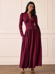 Lilora Women's Elegant High-End Deep V-Neck Decorative Button Dress, Commute, Gathering Dinner Cocktail, Party, Wedding, Autumn, Winter, Burgundy Red - Red - View 6