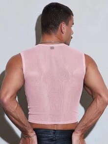 FeverCity Men's Fashion Sexy Rhinestone Decorated Mesh Cropped Tank Top - Pink - View 2