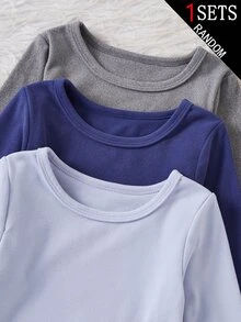 SHEIN (Randomly Ships 1 Of 3)Young Boy Solid Color Round Neck Long Sleeve Top & Pants Thermal Set, Soft Fleece-Lined And Thickened Autumn/Winter - Multicolor - View 4