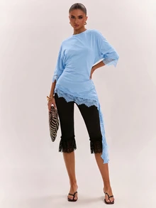 SHEIN BAE Women's French Lace Patchwork Asymmetrical Hem Ribbon Top - Baby Blue - View 4