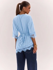 SHEIN BAE Women's French Lace Patchwork Asymmetrical Hem Ribbon Top - Baby Blue - View 2