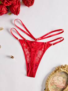 SHEIN 1pc Women's Sexy Lace Thong With Thin Straps - Red - View 2