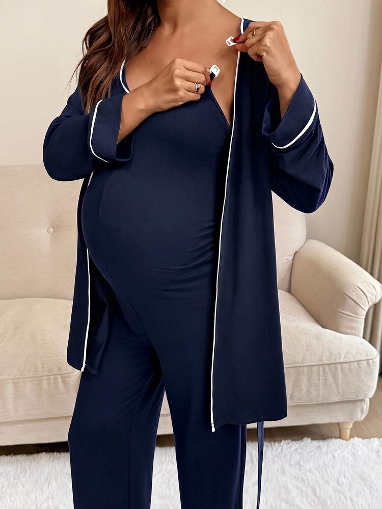 Slowluna Nursing Function Jumpsuit With Striped Contrast Color Long Sleeve Jacket 2 Pieces Set Fall - Navy Blue - View 4