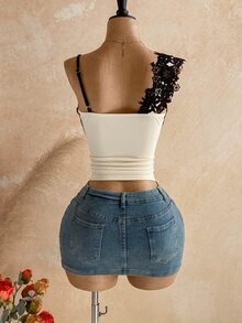 Soleia Sexy V-Neck Camisole With Lace Trim And Color Block Design For Women, Party, Date, Boho, Vacation, Vintage, Holiday - Apricot - View 2