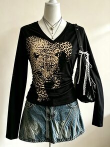 Lalippa Camiseta Feminina Preta com Estampa de Leopardo, Top Grunge Street para Outono, Moda Retrô Simples Casual, Presente para Amigas - Multicolorido - Visão 1
