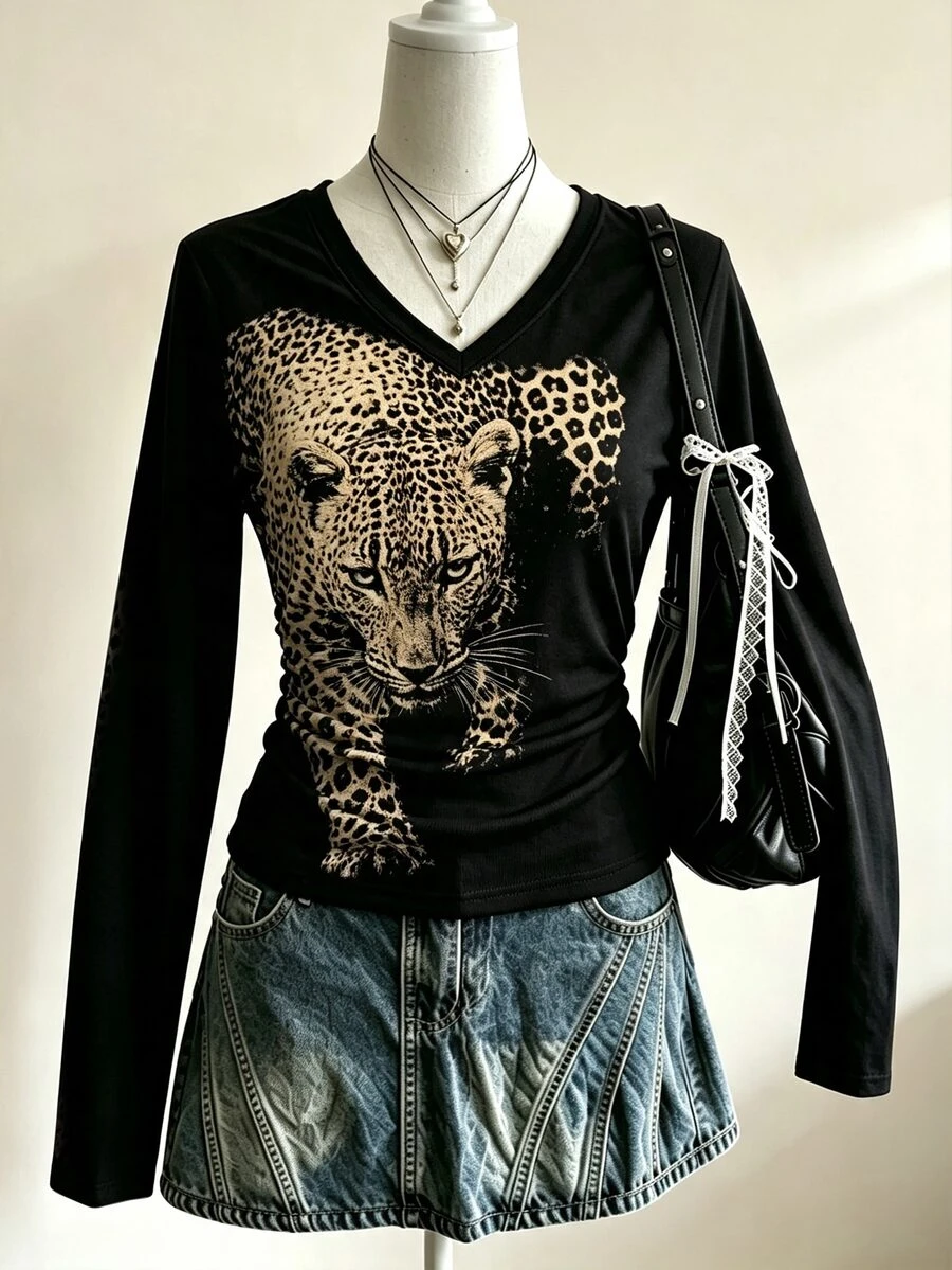 Lalippa Camiseta Feminina Preta com Estampa de Leopardo, Top Grunge Street para Outono, Moda Retrô Simples Casual, Presente para Amigas - Multicolorido - Visão 1