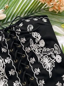 Soleia 女款度假休閒花卉刺繡交叉綁帶抹胸上衣 - 黑色 - 查看 5