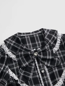 ROMWE Autumn/Winter Kawaii Sweet Plaid Bow Decor Cotton Fabric Lace Patchwork Peter Pan Collar Waist-Cinching A-Line Short Dress For Women - Black - View 3