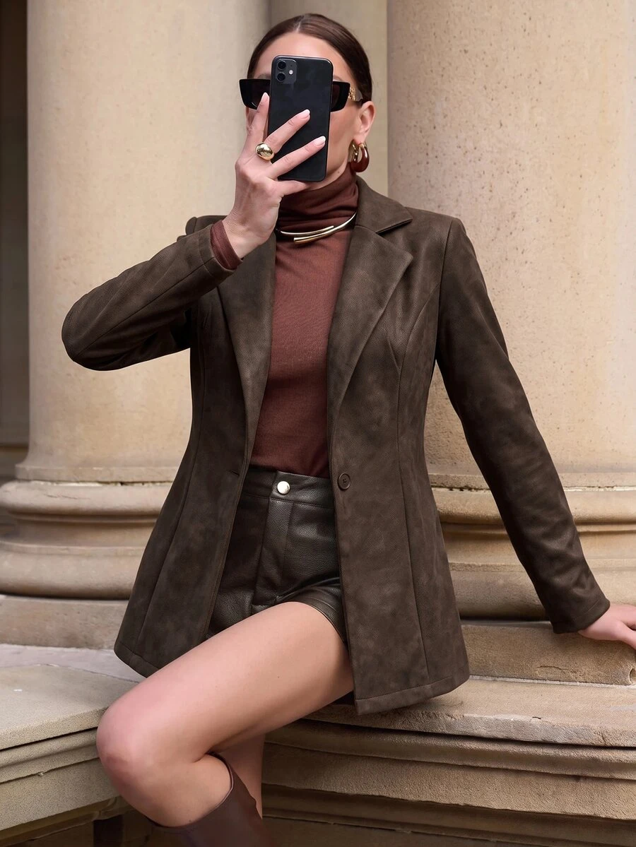 Lavishia Mocha Brown PU Stretch Slim Fit Commuter Street Fashion Women's Blazer - Multicolor - View 1