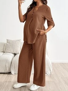 SHEIN Maternity Solid Color Rolled Sleeve Shirt And Pants Casual 2 Pieces Set Fall - Brown - View 5