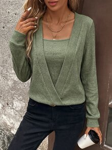 SHEIN LUNE Women's 2-In-1 Fake Two Pieces Ribbed Knit Sweatshirt, Square Neck Long Sleeve Casual Pullover Top - Army Green - View 5