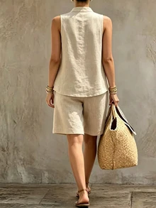 Trelyra Plus Size Women's Solid Color Top And Shorts Casual Daily 2-Piece Set - Khaki - View 2