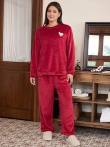 Doze Lane Casual Solid Color Plush Heart & Letter Embroidered Long Sleeve Pants Plus Size Pajama Set - Red - View 4