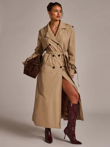 SHEIN BAE Women's Solid Color Double-Breasted Long Sleeve Casual Overcoat - Khaki - View 1