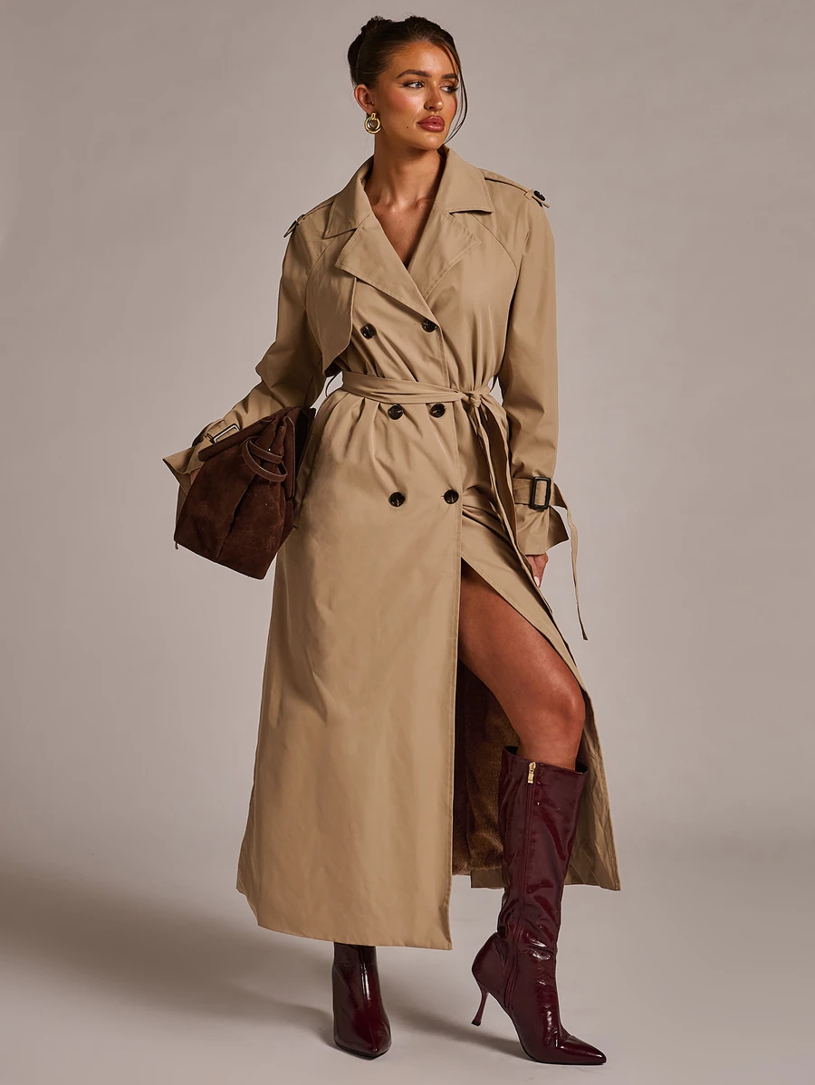 SHEIN BAE Women's Solid Color Double-Breasted Long Sleeve Casual Overcoat - Khaki - View 1