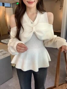 DAZY Sweater Wanita Lengan Panjang Model Korea Kerah V dengan Pita untuk Musim Gugur/Dingin - Putih - View 10