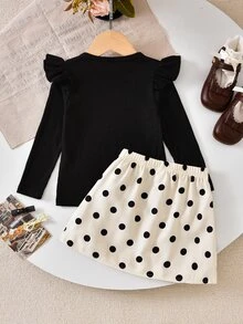 SHEIN Elladie kids 女童可愛休閒短袖羅紋上衣搭配時尚印花布料裙，舒適甜美 - 黑色 - 查看 2