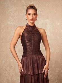Lumalex Chocolate Brown Halter Maxi Dress High Neck Ruched Bodycon Bodice Layered Ruffle Drop Waist, Showcasing Low Key Luxury PartyStyle,Wedding,Ball,Dinner - Coffee Brown - View 6