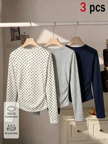 3pcs/Set Tween Girls' Long Sleeve Base Layer Tops, Round Neck Ruched Slim Fit Cropped T-Shirts, Polka Dot & Solid Color, Versatile Innerwear For Students, Suitable For Autumn And Winter, Classic Retro - Multicolor - View 2