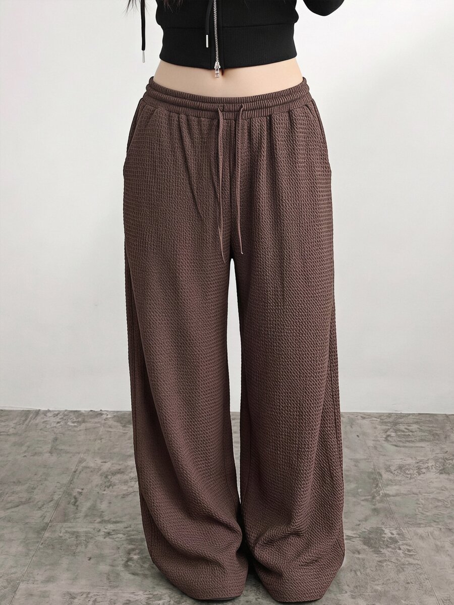 SHEIN Tween Girls Loose Brown Textured Knit Drawstring Pocket Wide Leg Sweatpants Casual & Versatile - Brown - View 1