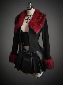SHEIN ICON 女款毛領長袖前拉鍊時尚夾克 - 黑色 - 查看 6