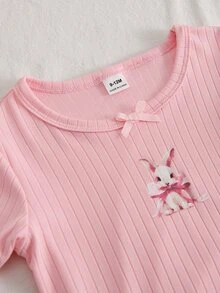 Baby Girl Pink Ribbed Top & Ribbed Bunny Print Pants Set, Loungewear - Pink - View 4