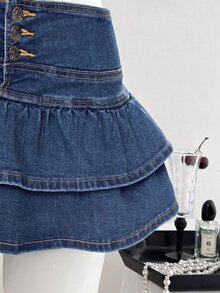SHEIN PETITE 女款荷葉邊下擺牛仔迷你裙 - 淺色水洗藍 - 查看 5