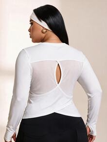 Rhythm Era Women's Plus Size Solid Color Back Hollow Out Sports T-Shirt - White - View 2