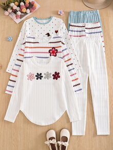 SHEIN 青少年女孩秋季休閒長袖T恤與修身長褲套裝 - 彩色 - 查看 3