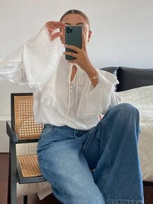 DAZY Solid Color Fitted Ruffle Bell Sleeve Tie Front Elegant Vacation Spring Autumn Blouse For Women - White - View 6