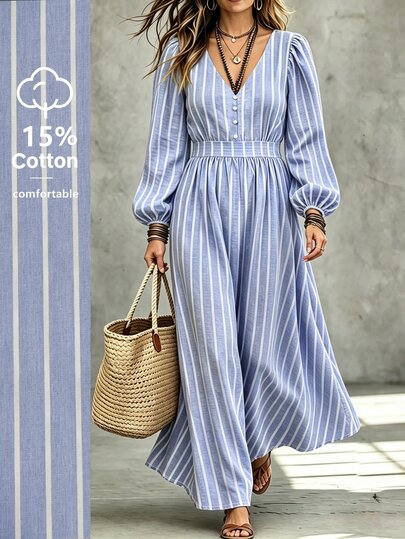 Linhara CURVE Plus Size Women's V-Neck Striped Button Decoration Long Puff Sleeve Dress,For Casual Going Out,Spring / Autumn Fall
