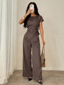 SHEIN PETITE Women's Striped Shirt & Pants Suit Set - Brown - View 7