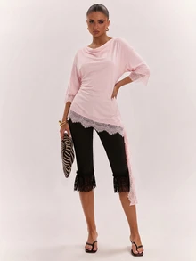 SHEIN BAE Women's Solid Color Round Neck Contrast Lace Asymmetric Hem Fashion Top - Coral Pink - View 4