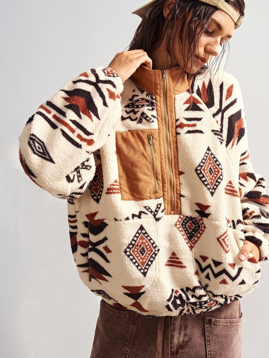 Bohemela Sweatshirt Kasual Wanita Ukuran Besar dengan Motif Geometris, Lengan Panjang Raglan, dan Resleting untuk Musim Dingin. - MultiWarna - View 1