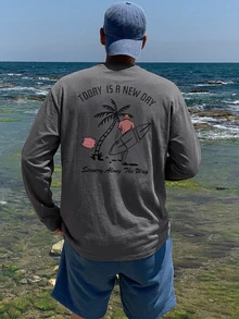 DAZY 春秋海灘衝浪印花深灰色針織面料韓版男士T恤 - 深灰色 - 查看 4