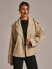 SHEIN BAE Women's Autumn/Winter Fashion Versatile Solid Color Commuter Lapel Open Front Same Fabric Color Belt Waist Cinched Short Trench Coat Jacket - Khaki - View 5
