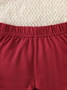 SHEIN 新生兒 2 件套，春/秋季，粉色溫柔風，愛心印花，蝴蝶結飛袖套頭上衣與蝴蝶結長褲，修身版型，適合外出、休閒、運動、聚會與派對 - 酒紅色 - 查看 5