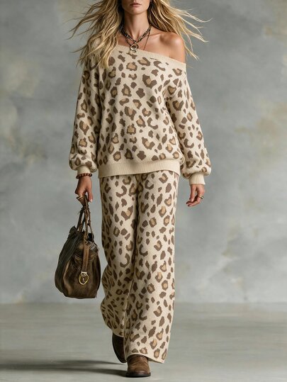 Omancia Elegant Asymmetrical Shoulder Leopard Print Long Sleeve Women's Sweater 2 Pieces Set